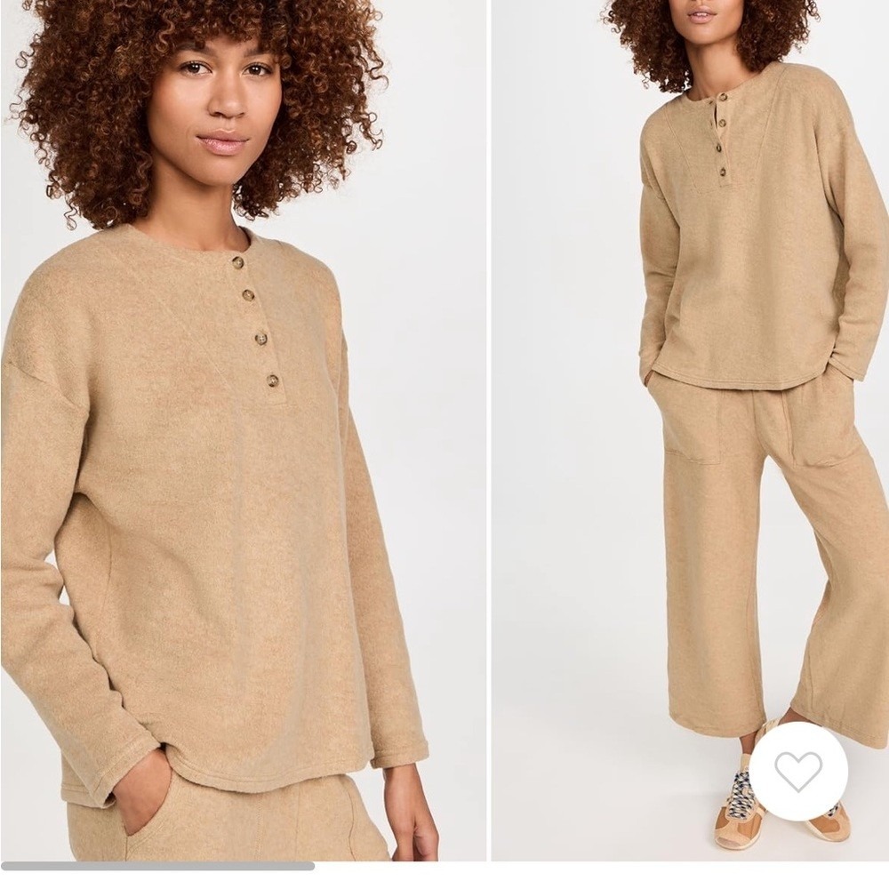 Madewell MWL Cozybrushed Henley Loungewear Set Top S and Pants XS Tan Oatmeal